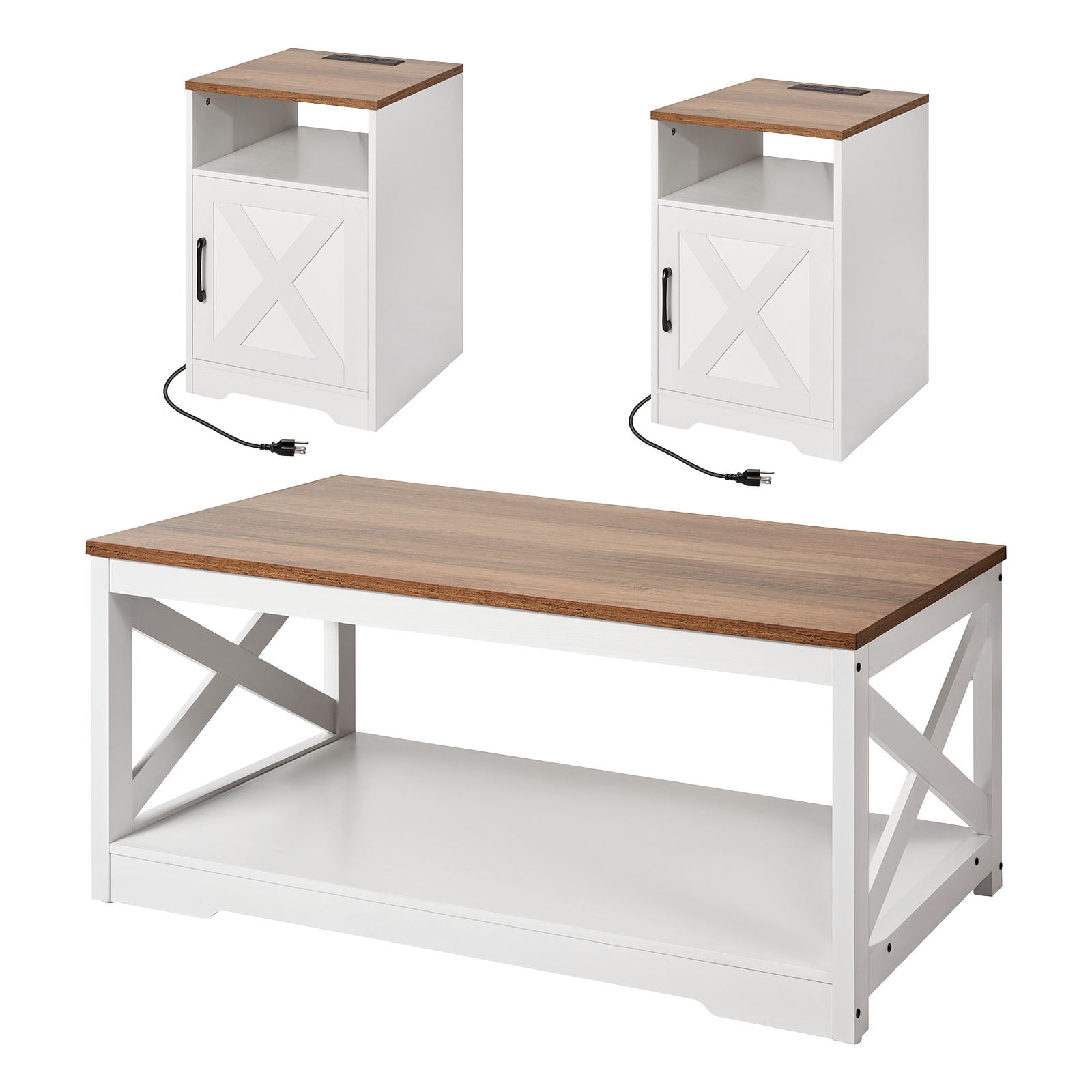KFFKFF 3-Piece Industrial Coffee Table Set, 40-Inch Coffee Table with 2 Side Tables, Easy-to-Assemble Furniture with Built-in Charging Station, Ideal for Living Rooms, Offices, and Apartments