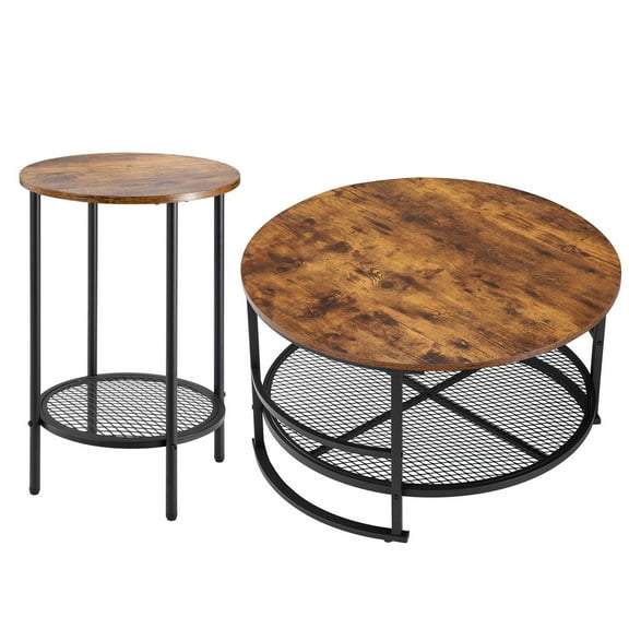 KFFKFF 3-Piece Round Coffee Table Set, 31.5-Inch Industrial Style Table with Two Side Tables, Easy-to-Assemble Metal-Leg Design for Living Room, Office, or Apartment