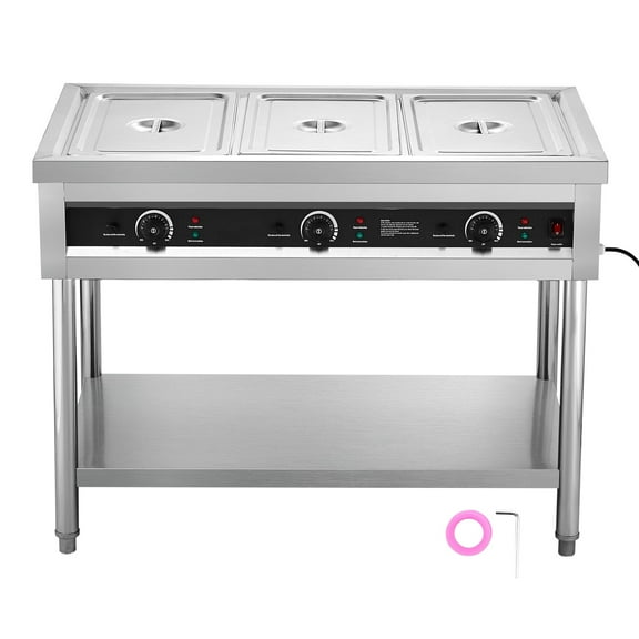 KFFKFF 3-Section Commercial Food Heating Unit, Electrically Operated Steam Table with Separate Temperature Regulation, 450W x 3 Stainless Steel Food Heating Equipment with Lower Shelf