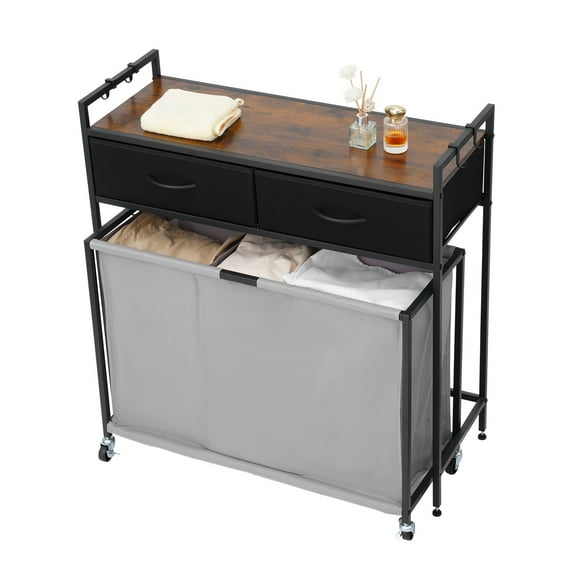 KFFKFF 3-Section Laundry Sorter with Rolling Bags, Organizer with 2 Drawers, Hooks, Wheels, and Wooden Top for Clothes and Bathroom Storage