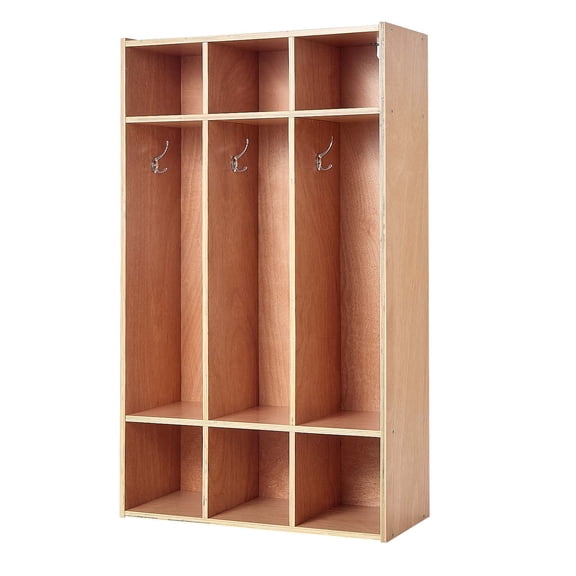 KFFKFF 3-Section Wooden Kids Coat Locker, Toddler Storage Organizer with 6 Hooks & Non-Slip Mat, Modern Cubby Design with 6 Open Storage Compartments for Home, Kindergarten,and Daycare,Natural Finish