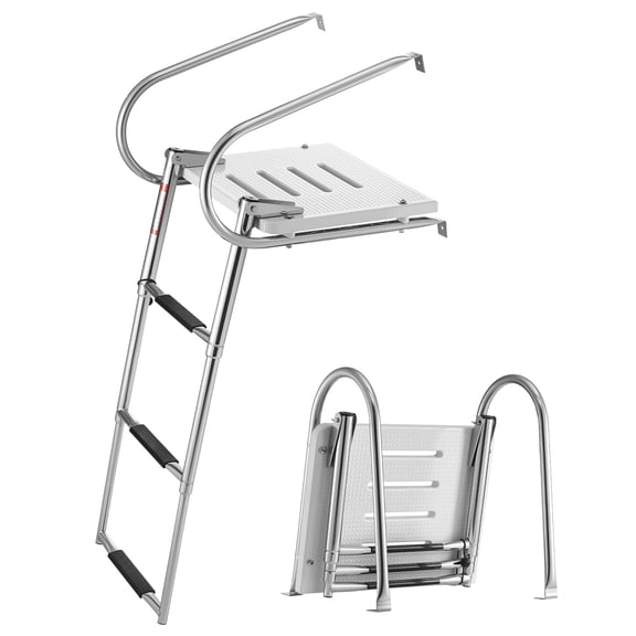 KFFKFF 3-Step Stainless Steel Telescoping Boat Ladder, Folding Swim Deck Ladder with Non-Slip Steps and Handrails, 400 lbs Weight Capacity, Suitable for Rear Entry on Yachts, Pontoon Boats