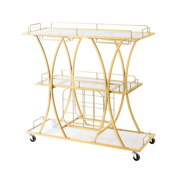 KFFKFF 3-Tier Bar Cart with Tempered Glass Shelves, Rolling Utility Trolley for Kitchen or Living Room, Includes Wine Rack and Glass Holder, Gold Finish