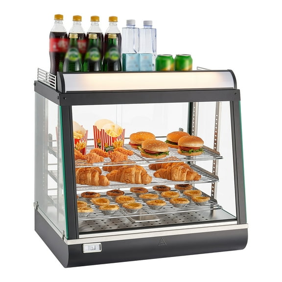 KFFKFF 3-Tier Commercial Food Warmer Display, 1200W Countertop Food Warmer with LED Lighting, Upper Storage Area, Adjustable Shelves, 86℉~185℉ Steam Heating, 75L Capacity for Burgers, Pizza, Bread