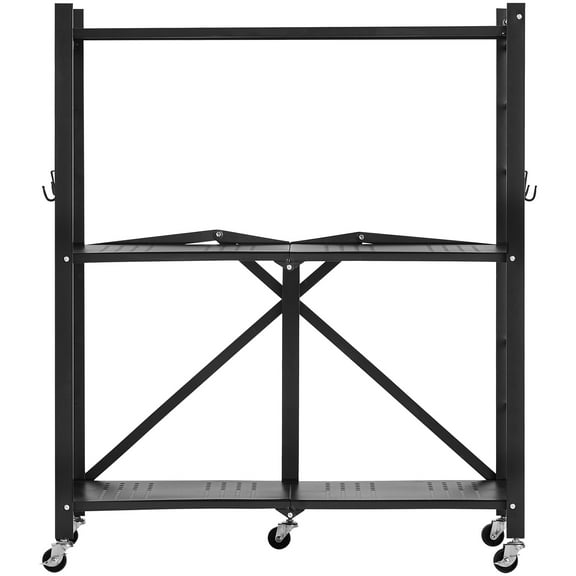 KFFKFF 3-Tier Foldable Storage Shelf, 30W x 13D x 36H Inch Metal Rack Organizer with Wheels & Hooks, No Assembly Required, Ideal for Pantry, Kitchen, Garage, Basement, Black
