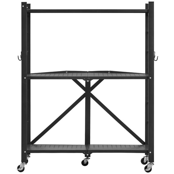 KFFKFF 3-Tier Foldable Storage Shelf with Wheels, 28-inch W x 13-inch D x 36-inch H Metal Rack Shelving Unit, Durable No Assembly Organizer Shelf for Garage, Kitchen, Basement, Black
