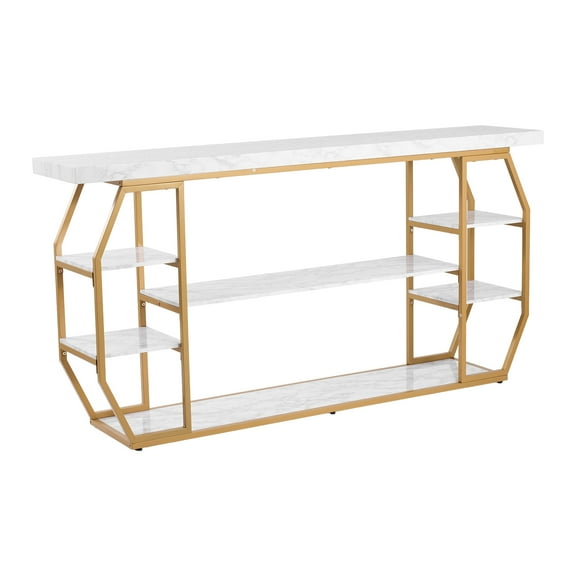 KFFKFF 3-Tier Marble Console Table with Open Storage, Modern Geometric Design, Golden Frame with Iron Tubes, Anti-Tip Device, and Triangular Support for Living Room, Hallway, or Entryway
