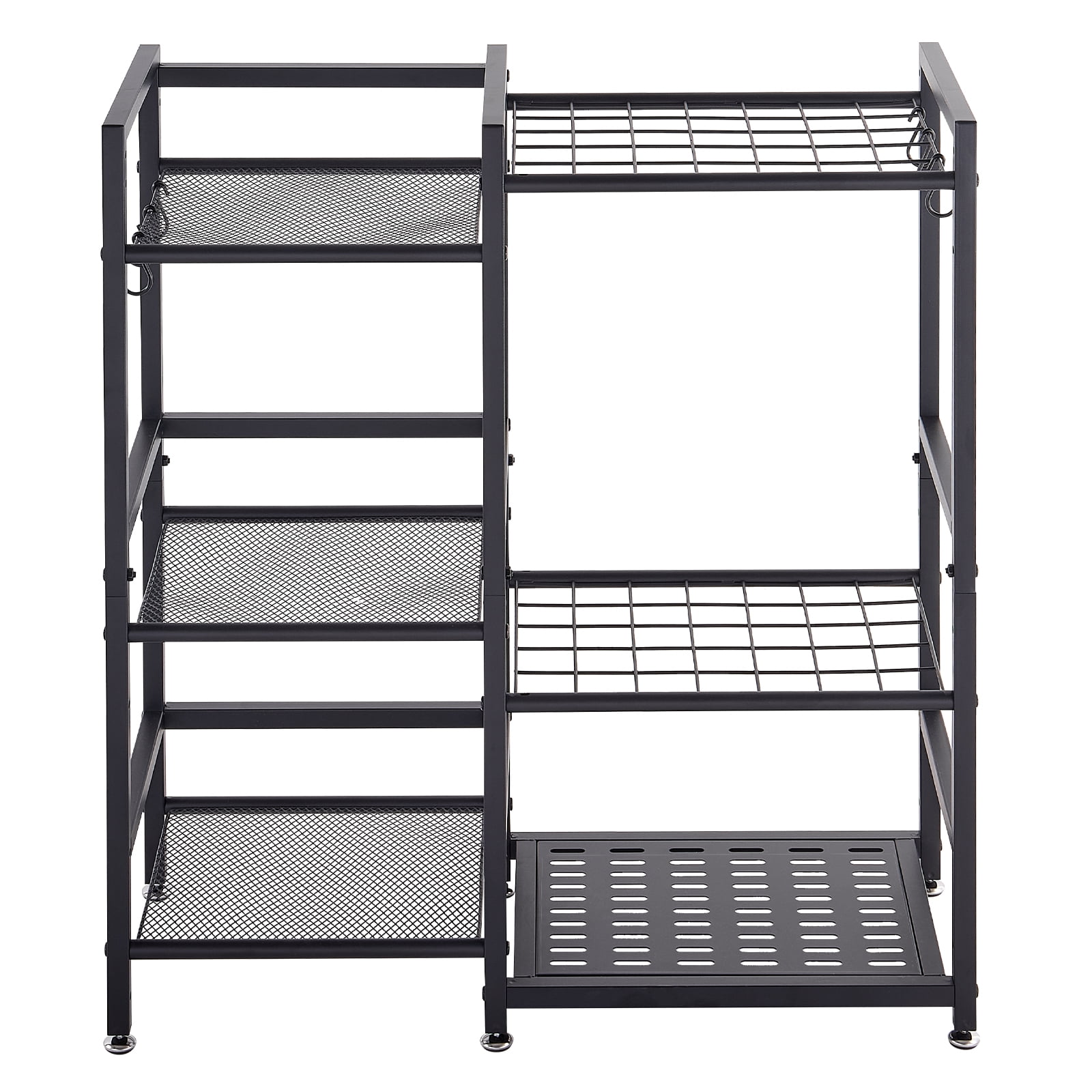 KFFKFF 3-Tier Metal Garden Tool Organizer with Guard Rail, Heavy-Duty Steel Storage Rack for Rakes, Shovels, and Brooms, Ideal for Garage, Shed, or Outdoor Use, Includes Hooks, Black