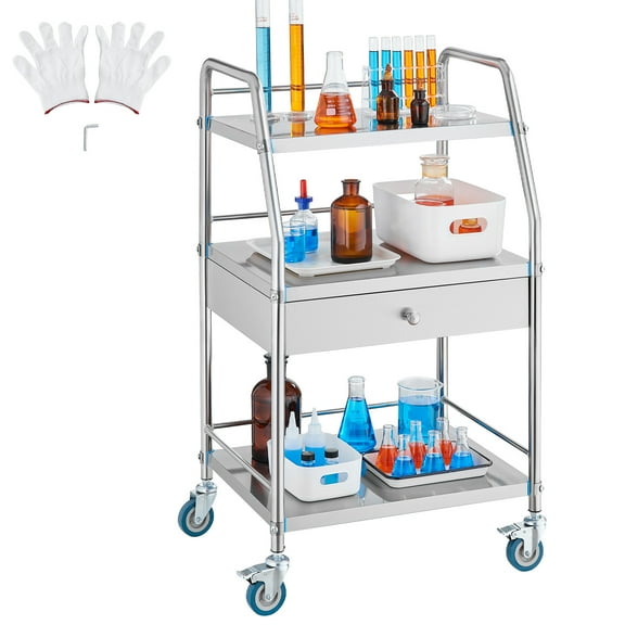KFFKFF 3-Tier Stainless Steel Rolling Utility Cart with Drawer, Lockable Wheels, and Versatile Design for Medical, Laboratory, and Dental Applications