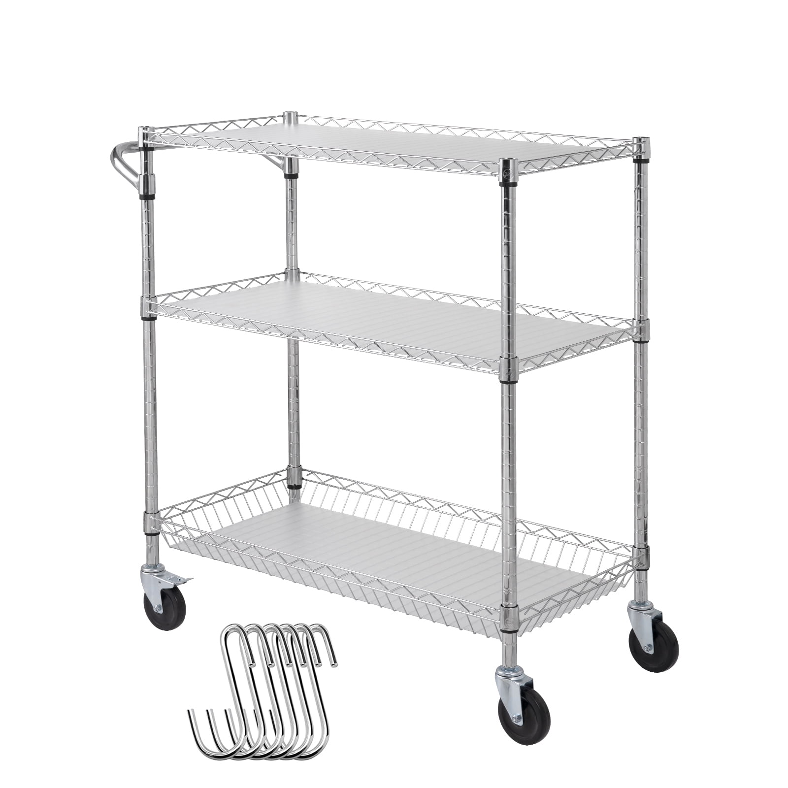 KFFKFF 3-Tier Utility Cart Rolling Cart on Wheels 661 lbs 35"x18"x35.5"6 Hooks