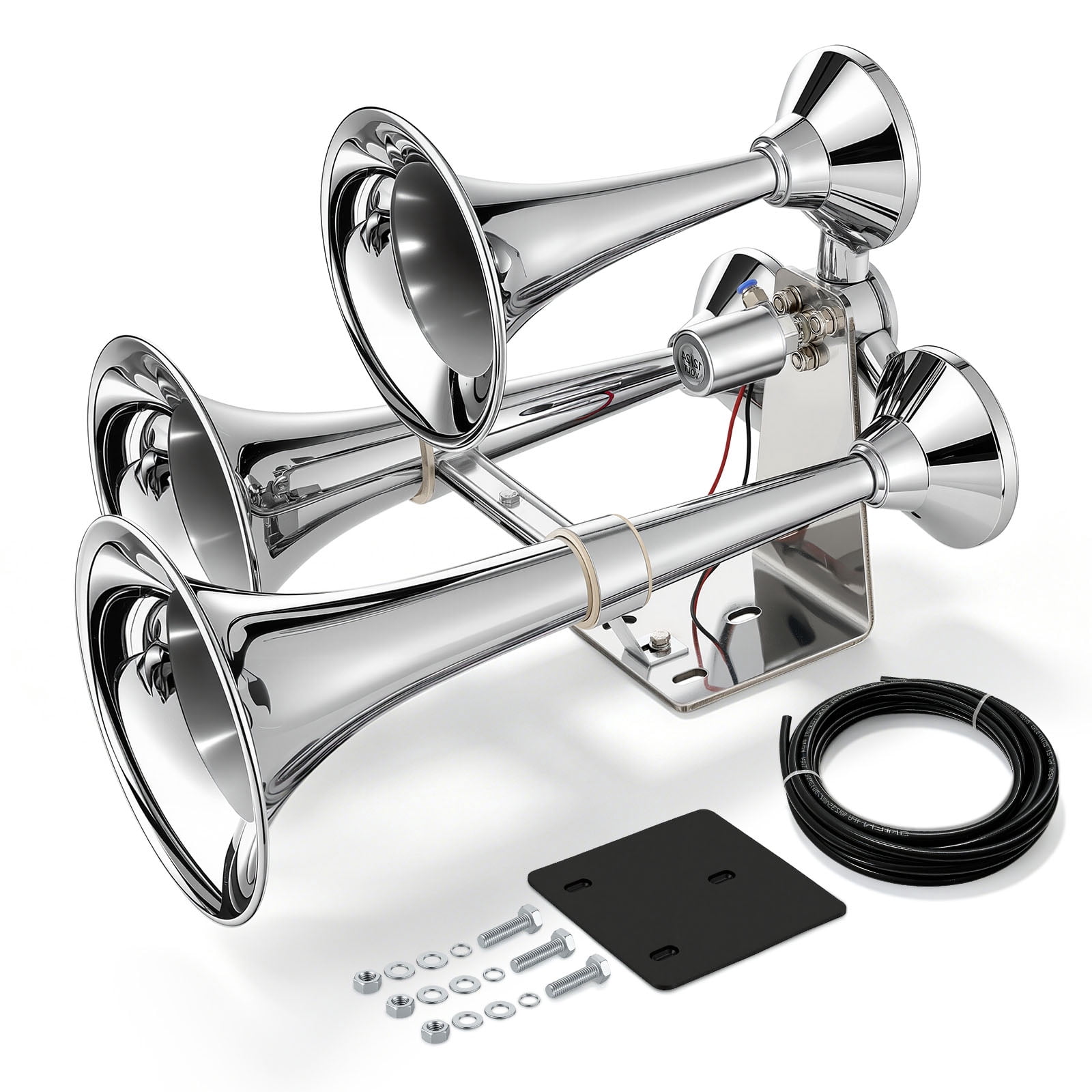 KFFKFF 3-Trumpet Air Horn 150dB Loud Train Horn for Trucks and SUVs, Compatible with 12V/24V Vehicles & Boats, Robust Sound, Excellent Penetration,Integrated Solenoid Valve,Durable Metal Construction