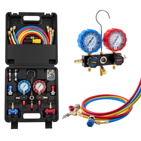 KFFKFF 3-Way AC Manifold Gauge Set for R134a R404A R1234yf R22 Refrigerants, Includes 5 ft Hoses, Adapters, Quick Couplers, and Can Taps for Automotive Air Conditioning Maintenance and Servicing