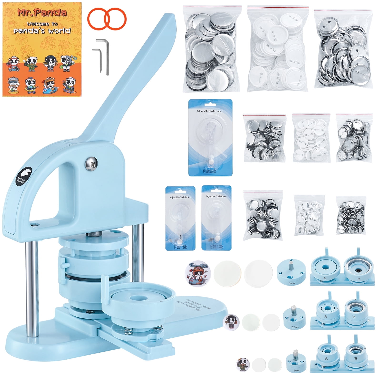 KFFKFF 3-Way Button Creator, Sizes 1/1.25/2.28 inch(25/32/58mm), Includes 300 Button Components, Button Crafting Machine with Panda Enchantment Book, Comfortable Arc Grip Punch Press Set