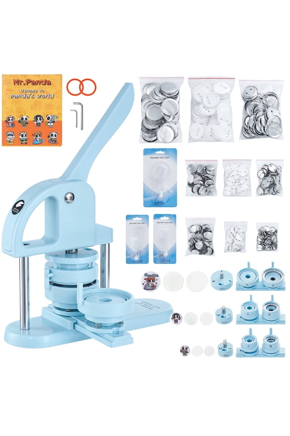 3-Way Button Creator, Sizes 1/1.25/2.28 inch(25/32/58mm), Includes 300 Button Components, Button Crafting Machine with Panda Enchantment Book, Comfortable Arc Grip Punch Press Set
