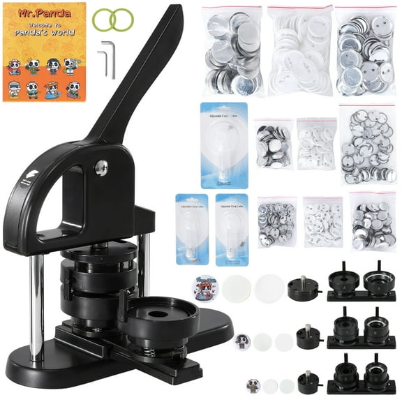 KFFKFF 3-in-1 Button Press Machine, 1/1.25/2.28 inch (25/32/58mm) Pin Maker, Includes 300 Button Components, DIY Craft Kit with Panda-Themed Magic Book, Ergonomic Handle for Easy Use