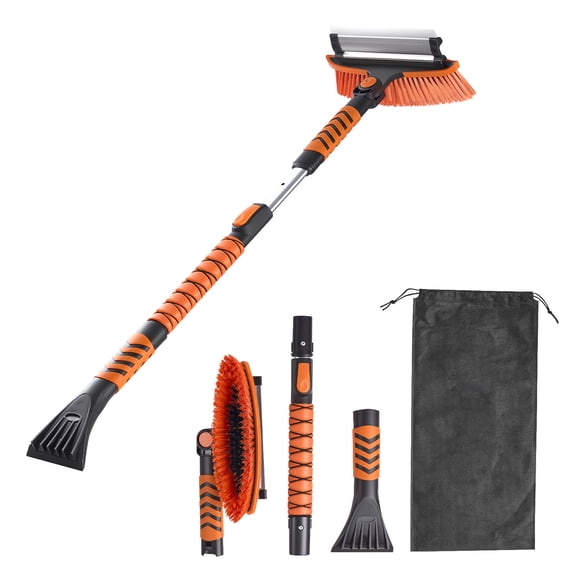 KFFKFF 3-in-1 Car Snow Brush with Ice Scraper, Squeegee, and Adjustable 180 Brush Head, Extendable Aluminum Handle (34.3"-42.1") with Foam Grip for Windshield, Windows, RVs, Trucks, and SUVs