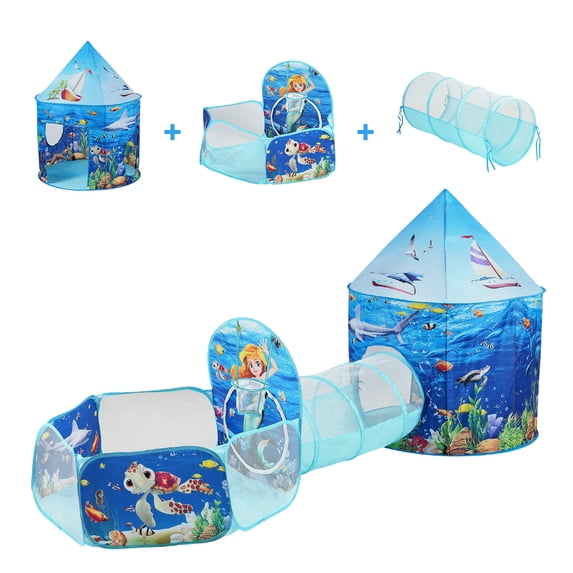 KFFKFF 3-in-1 Kids Play Tent with Tunnel and Basketball Hoop, Indoor/Outdoor Pop-Up Playhouse for Boys, Girls, Babies, and Toddlers, Includes Carrying Bag and Straps, Blue Ocean Design