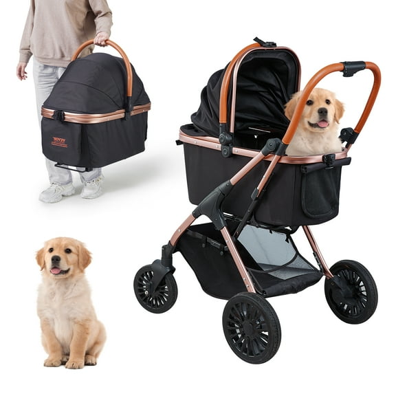 KFFKFF 3-in-1 Pet Stroller, 4 Wheels Foldable Premium Multifunction Dog Stroller with Storage Basket, 66 lbs Weight Capacity, Black