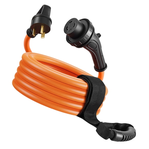 KFFKFF 30 Amp 25-Foot RV Power Cord, 125V 3750W, Durable 10/3 Gauge STW Generator Cable, NEMA TT-30P to NEMA L5-30R, Twist Lock, Indicator Light, Easy-Grip Handle, 15A Adapter, for RVs, Orange