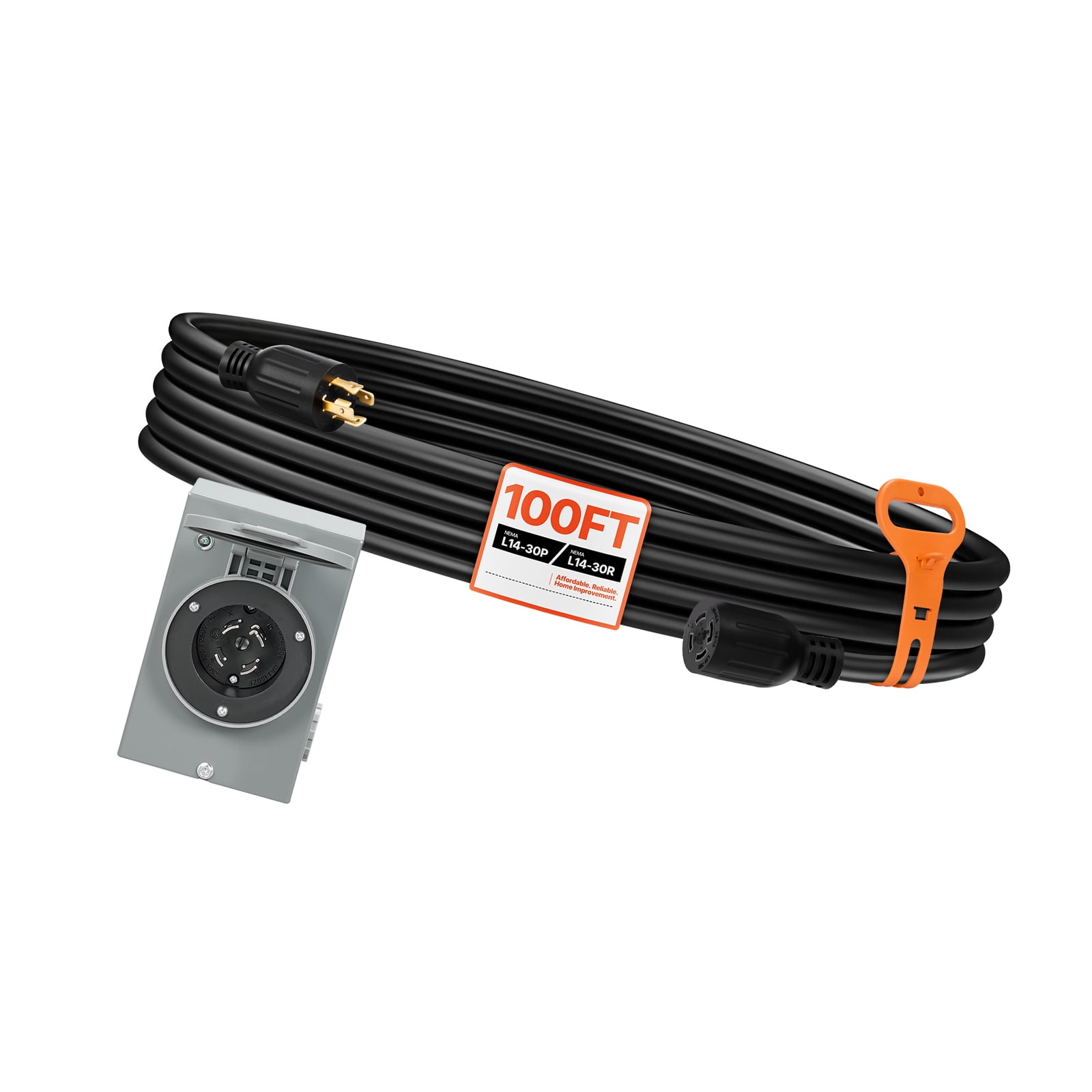 KFFKFF 30 Amp Generator Cord and Power Inlet Box, 100 FT, 125/250V NEMA L14-30P to L14-30R Heavy-Duty Extension Cable, SJTW 10AWG 7500W, Pre-Drilled Inlet Box, for Connecting Generator to Home