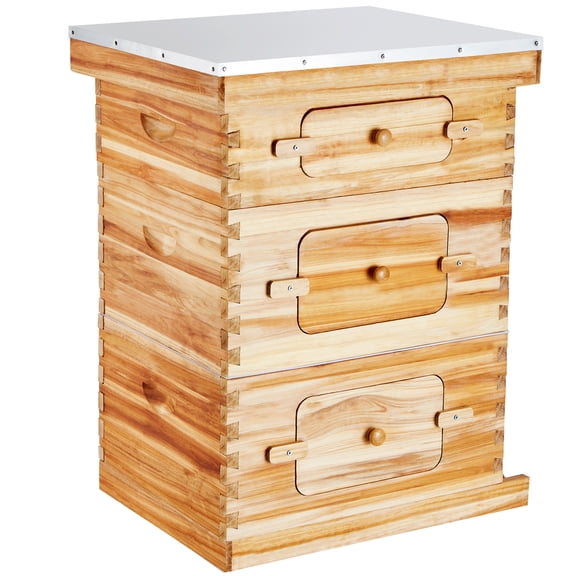 KFFKFF 30-Frame Beehive Starter Kit, Beeswax-Coated Fir Wood, 2 Deep + 1 Medium Boxes, Langstroth Design with Clear Acrylic Windows and Foundations for Beekeeping Beginners and Professionals