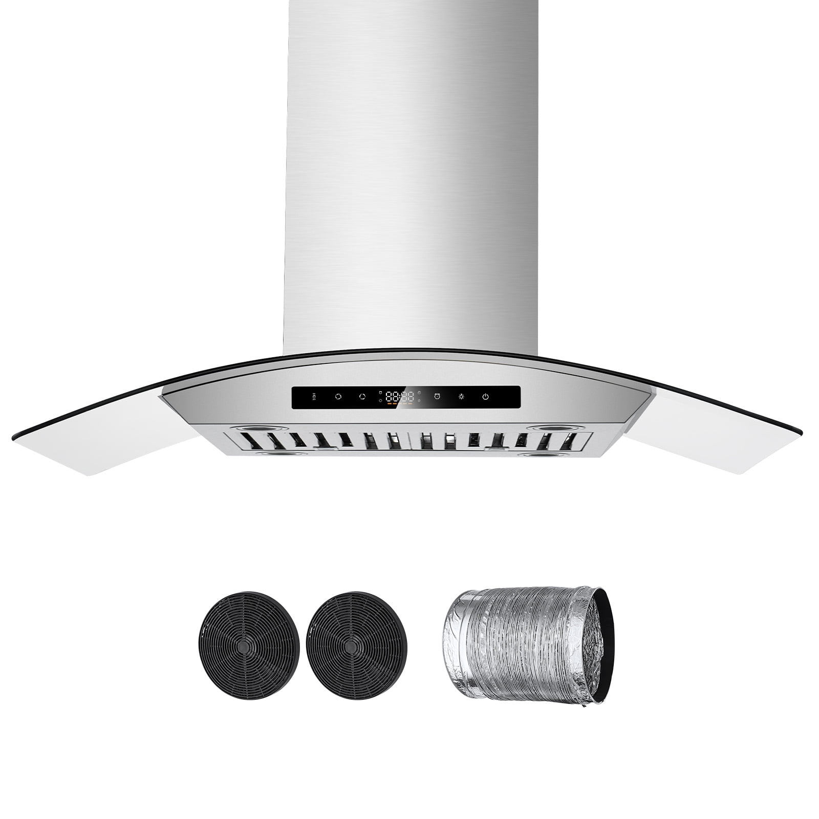 KFFKFF Chimney‑Style Ceiling Mount Range Hood Kitchen Vent, Stainless Steel 30‑Inch
