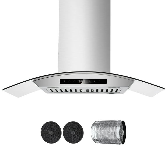 KFFKFF 30-Inch Chimney-Style Ceiling Mount Range Hood, 800 CFM Stainless Steel Kitchen Vent with Touch & Gesture Control, LED Lighting, Baffle Filters, Convertible Ducted/Ductless Design