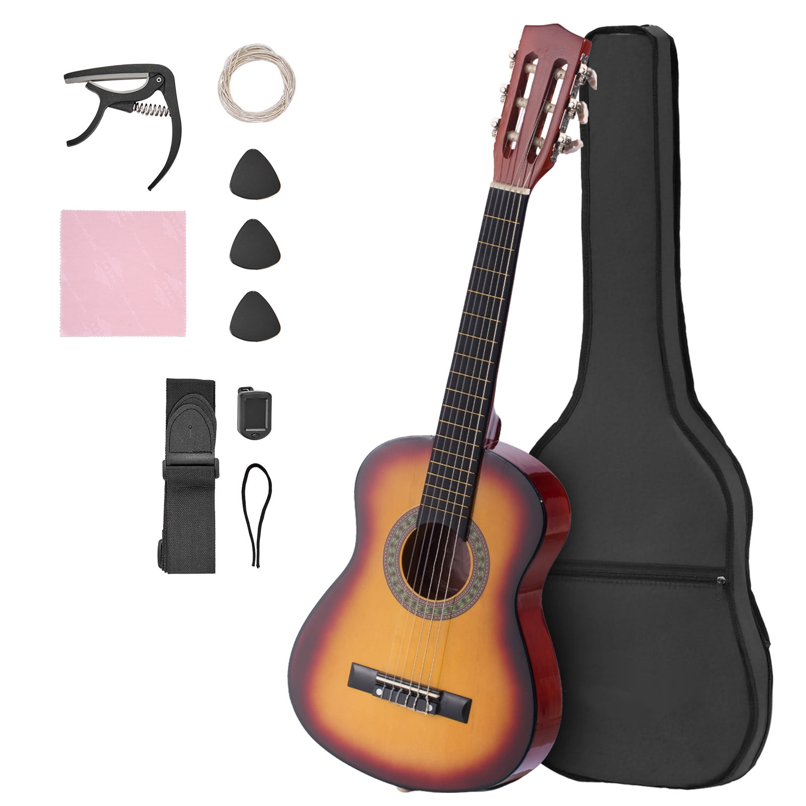 KFFKFF 30-Inch Classical Guitar Starter Kit, Wooden Acoustic Guitar for Beginners with Nylon Strings, Gig Bag, Strap, Tuner, Extra Strings, Pick, and Capo, Ideal for Kids, Students, and Beginners
