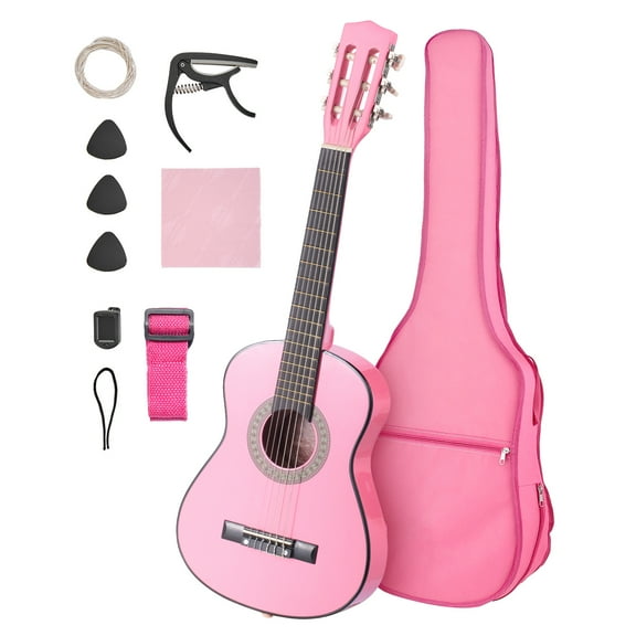 KFFKFF 30-Inch Classical Guitar Starter Kit, Wooden Design with Nylon Strings, Includes Gig Bag, Strap, Tuner, Extra Strings, Picks, Capo, Ideal for Beginners, Kids, and Students, Pink