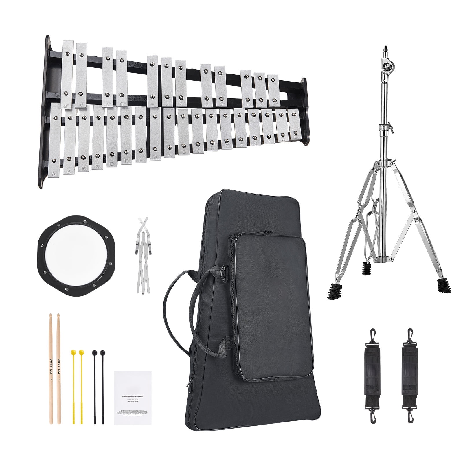 KFFKFF 30-Key Glockenspiel Xylophone Set, Complete Percussion Kit with Mallets, Sticks, Sheet Music Holder, 8'' Training Pad, Height-Adjustable Stand & Portable Bag for Learners & Enthusiasts