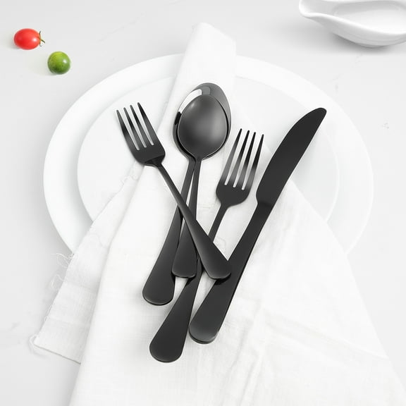 KFFKFF 30-pcs Silverware Sets, Stainless Steel Flatware Set with Steak Knives, Polished Finish Forks and Spoons, Service for 6, Washable Meal Tools for Home Kitchen, Black
