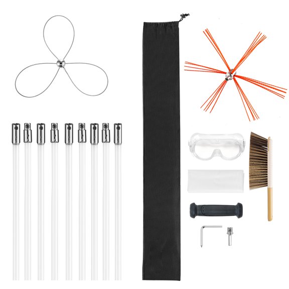 KFFKFF 30 ft Extendable Chimney Cleaning Kit with Dual Brush Heads, Fireplace Cleaning Tool with Brush and Goggles for Square, Rectangular, and Arched Chimneys