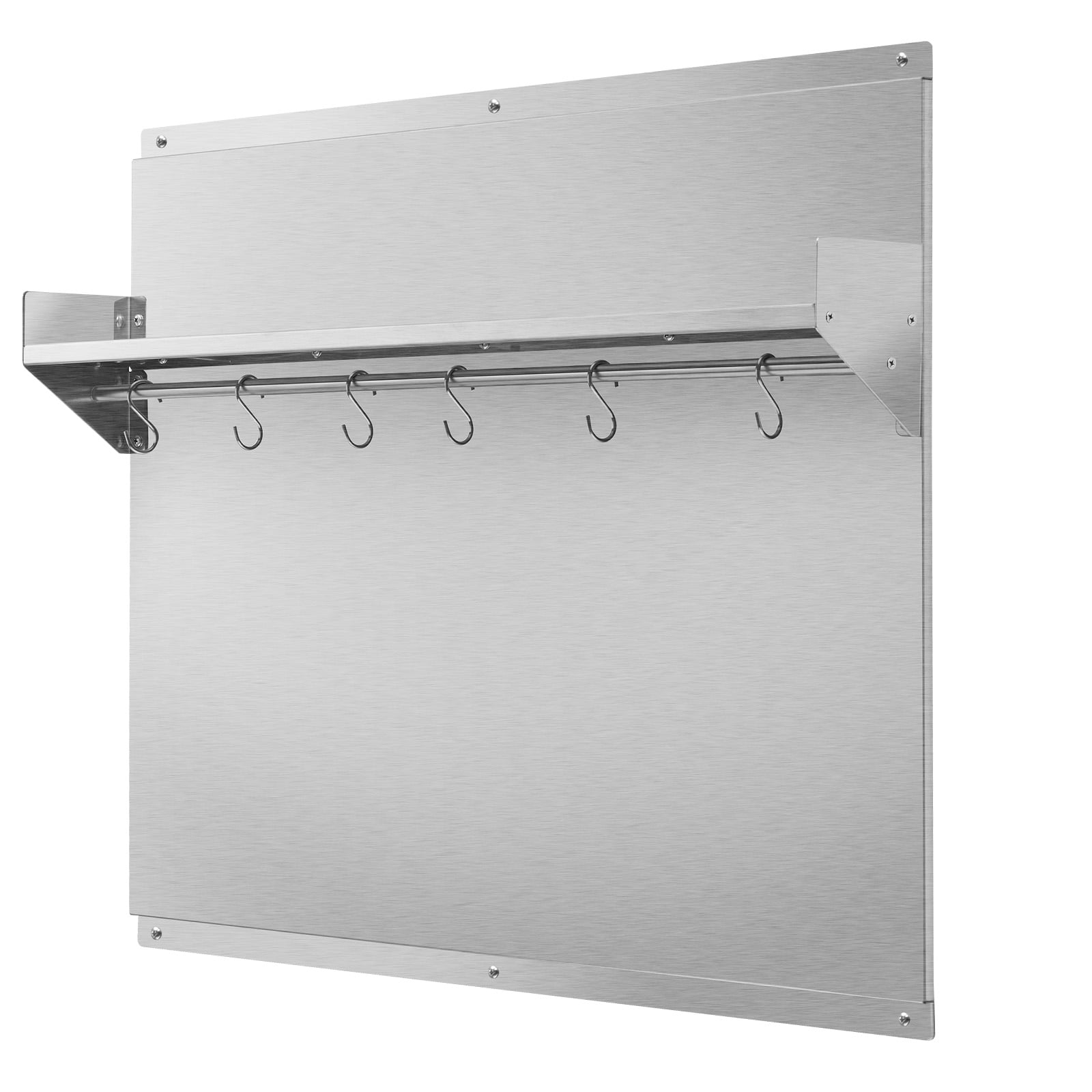 KFFKFF 30" x 24" Stainless Steel Stove Backsplash, Flat Splatter Guard with Shelf & Hanging Rack, Wall Protector Panel, Easy to Clean, Pre-Drilled Holes for Quick Installation