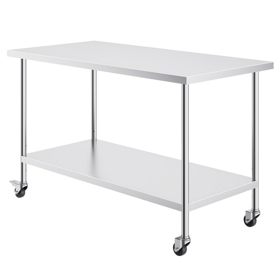 KFFKFF 30" x 60" Stainless Steel Work Table with 4 Wheels, Commercial Food Prep Worktable with 3 Height Settings, Robust Food Preparation Table for Restaurant Use