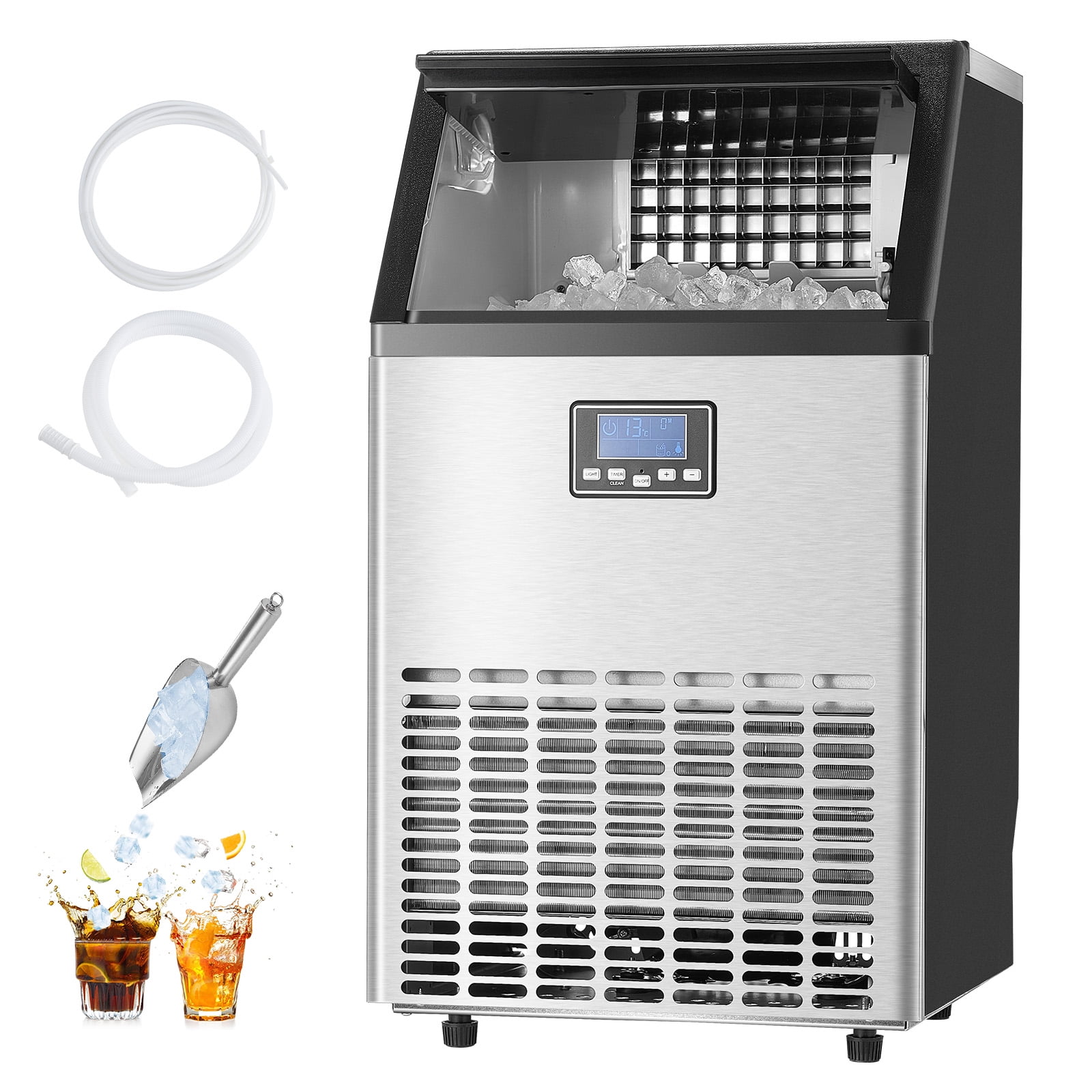 KFFKFF 300lbs/24H 126 Ice Cubes with 88lbs Storage Bins Commercial Ice Maker Machine Stainless Steel Under Counter ice Machine 27.76 in W, 45.47 in H with Auto Clean