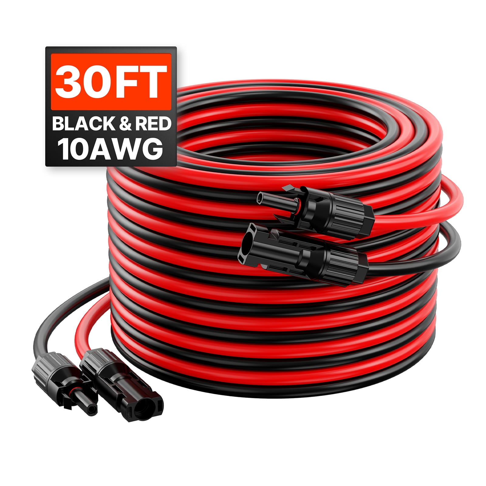 KFFKFF 30FT Solar Panel Extension Cord, 10AWG Solar Cord with Waterproof Male & Female Connectors, 6mm² PV Wire for Residential, Marine and Recreational Vehicle Solar Panels, 30FT Black + 30FT Red