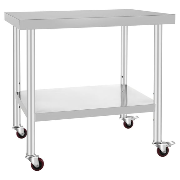 KFFKFF 30x36x34 Inch Stainless Steel Workbench 3 Level Adjustable Rack with 4 Wheels Heavy Duty Commercial Food Prep Workbench with Brakes for Kitchen Prep Work