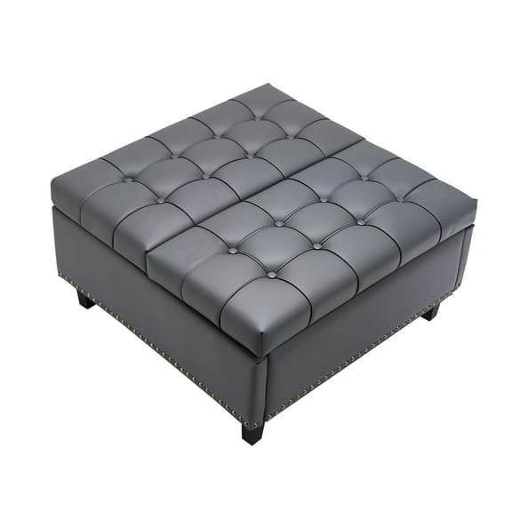 KFFKFF 31-inch Square Leather Ottoman with Storage, Upholstered Tufted Button Coffee Table Ottoman Featuring Lift-Top and Flip Design, Durable PU Leather with High-Density Sponge for Living Room