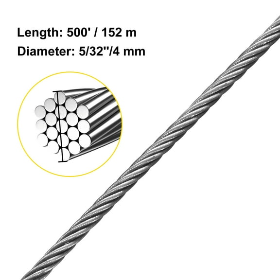 KFFKFF 316 Stainless Steel Wire Rope 500FT Stainless Steel Cable 5/32 Inch 1x19 Steel Cable for Railing Decking DIY Balustrade (500FT)