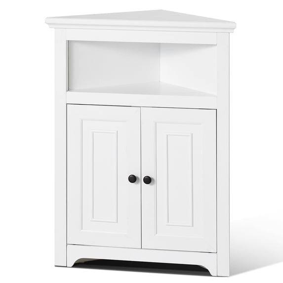 KFFKFF 32" Corner Utility Cabinet, Tri-Level Compact Storage Unit with Dual Wooden Doors & Flexible Shelving, Independent Corner Cabinet for Lounge, Kitchen, Laundry Area, Restroom, in White