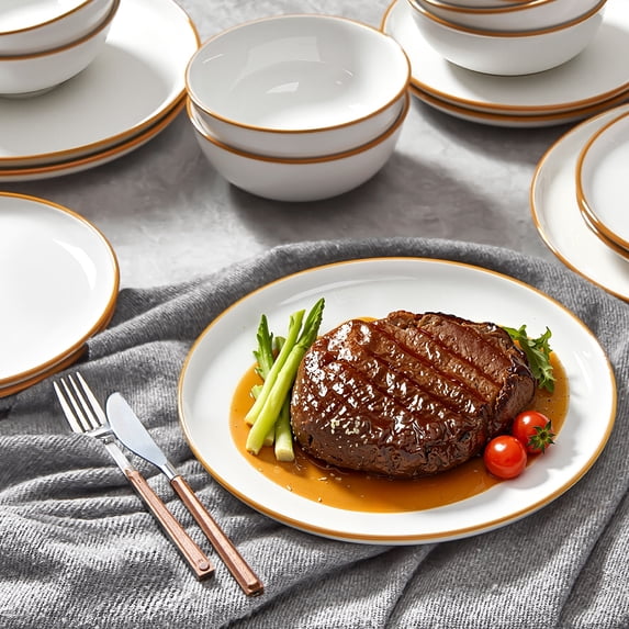 KFFKFF 32-Piece Ceramic Dinnerware Collection for Eight, Includes Round Plates and Bowls, Durable and Scratch-Resistant, Safe for Dishwasher and Microwave, Ideal for Serving Dessert, Salad, Soup