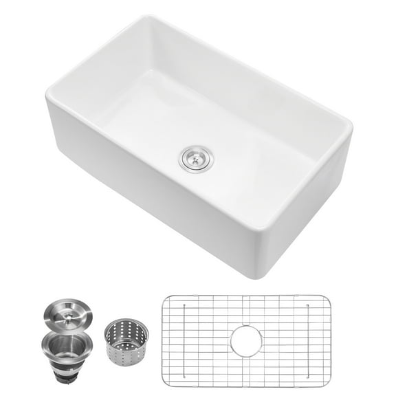 KFFKFF 33.5x20 Inch Farmhouse Sink, White Workstation Sink, Fireclay Undermount Basin, Apron Front Single Bowl with Accessories, Spacious Kitchen Sink for Home Use