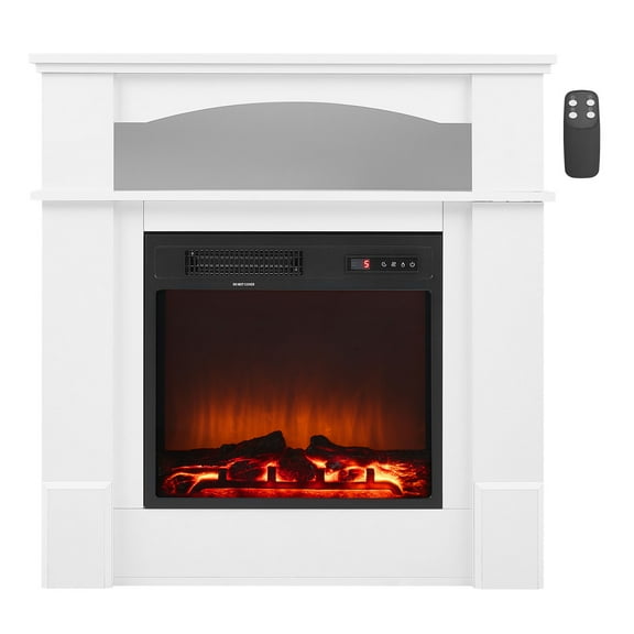 KFFKFF 33-Inch Freestanding Electric Fireplace with Mantel, 1500W Heater, Adjustable Flames, Timer, Remote Control, Overheat Protection, Ideal for Living Room or Bedroom, White