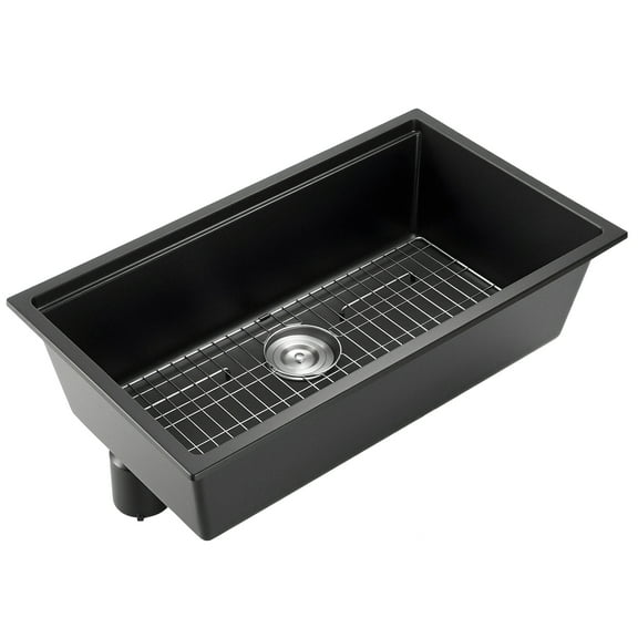 KFFKFF 33-Inch Kitchen Sink Workstation, Undermount Granite Basin, Drop-In Single Bowl Sink with Accessories, Ideal for RVs, Prep Kitchens, Bars, and Home Use (Black)