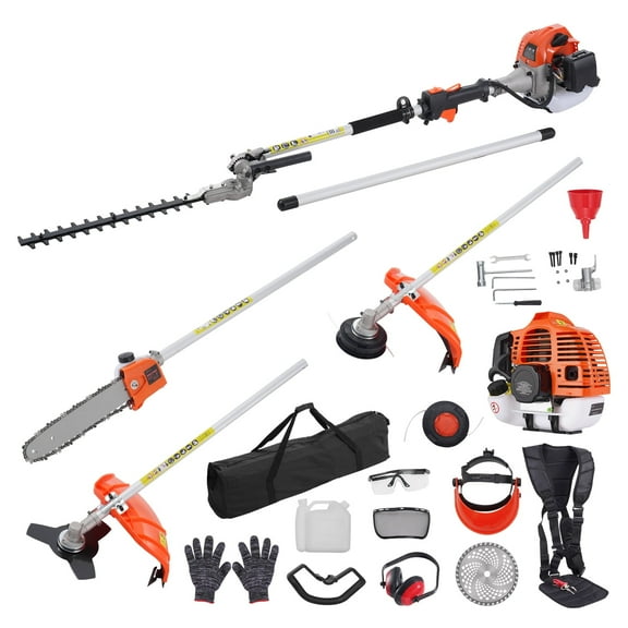 KFFKFF 33CC 6-in-1 Versatile Gardening Tools, Gas-Powered Hedge Trimmer, Grass Cutter, String Trimmer, Brush Slicer, Edge Trimmer, and Pole Saw Pruner, Includes Extendable Shaft