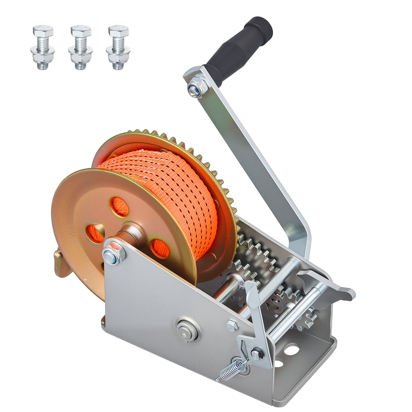 KFFKFF 3500 lbs Manual Boat Winch with 20ft Orange Polyester Strap, Two-Way Ratchet, Dual-Speed Option, and Anti-Slip Handle for Towing Boats, Trailers, and ATVs
