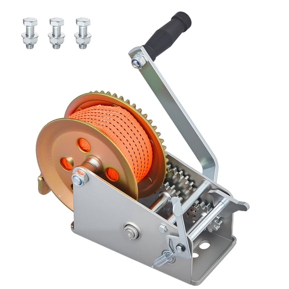 KFFKFF 3500 lbs Manual Boat Winch with 20ft Orange Polyester Strap, Two-Way Ratchet, Dual-Speed Option, and Anti-Slip Handle for Towing Boats, Trailers, and ATVs