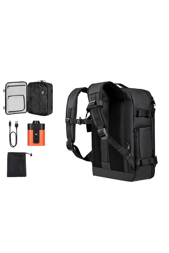 35L Vacuum Compression Travel Backpack with Air Pump, Water-Resistant Carry-On Bag with Multiple Compartments, Compact Personal Item Bag for Travel, Black