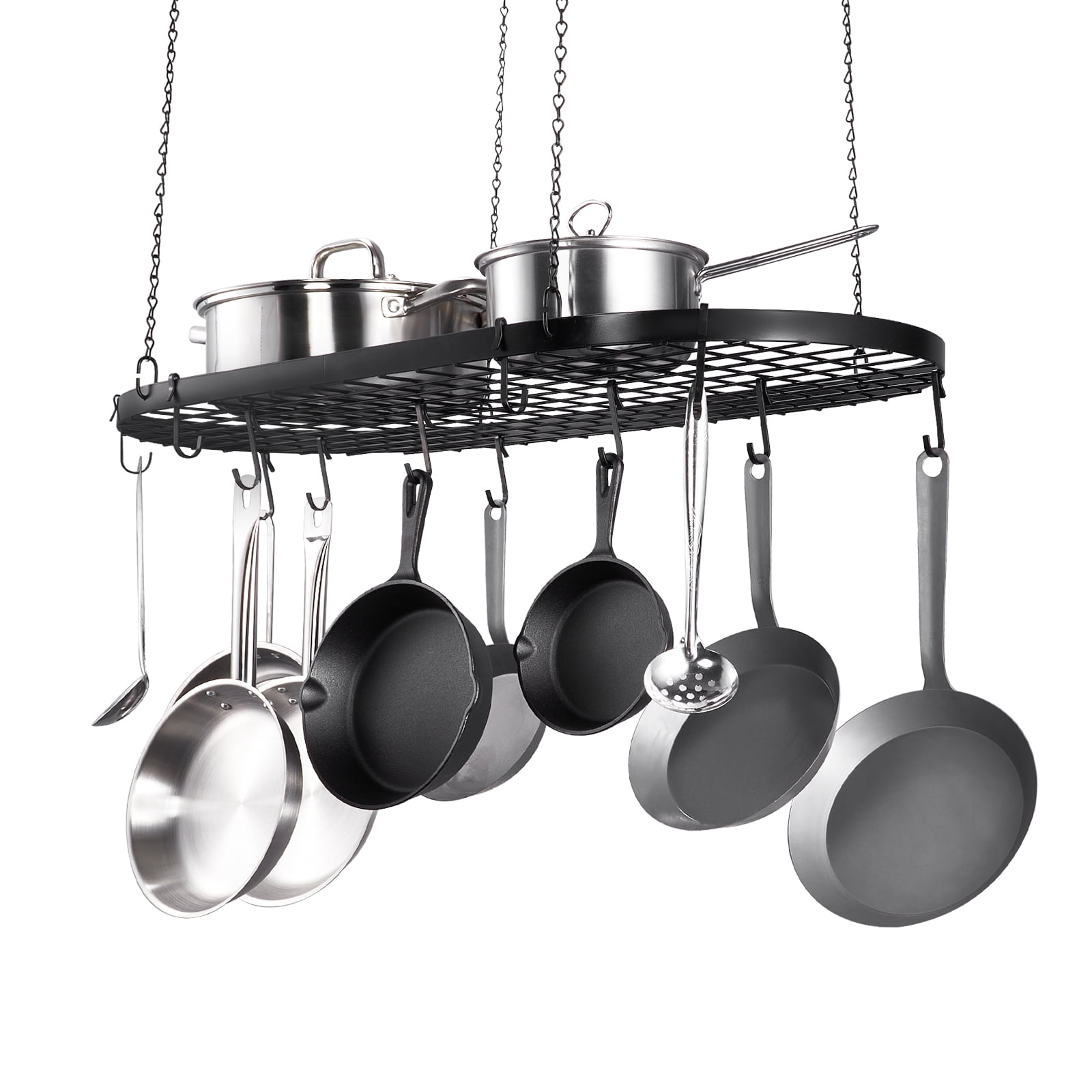 Black Carbon Steel 36-Inch Ceiling Mount Hanging Pot Rack with 20 S Hooks