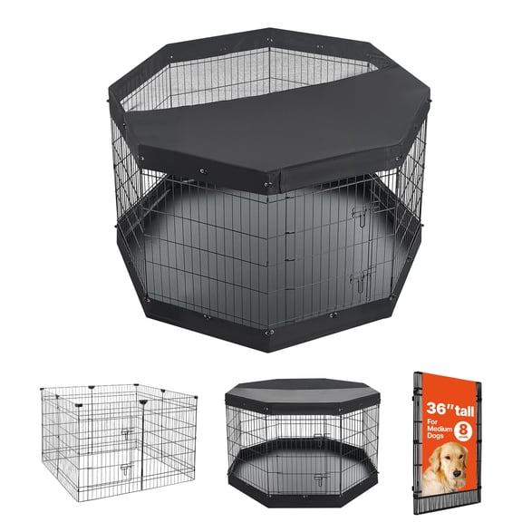 KFFKFF 36-Inch 8-Panel Dog Playpen with Top Cover & Bottom Pad, Indoor Foldable Metal Pet Fence with Door, Durable Crate for Small Animals, Black